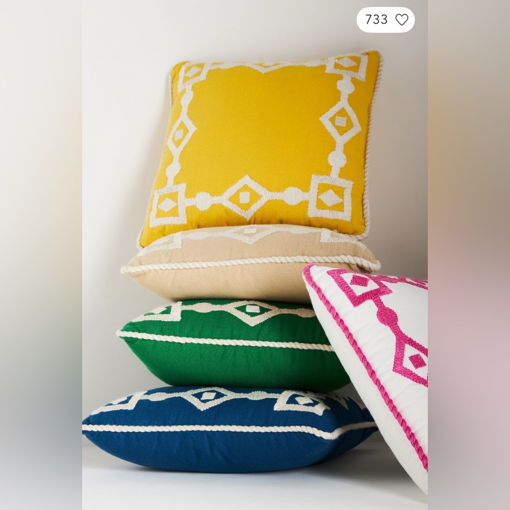 Anthropologie Greek Key Embroidered Indoor/ Outdoor Pillow, Various Colors NWT